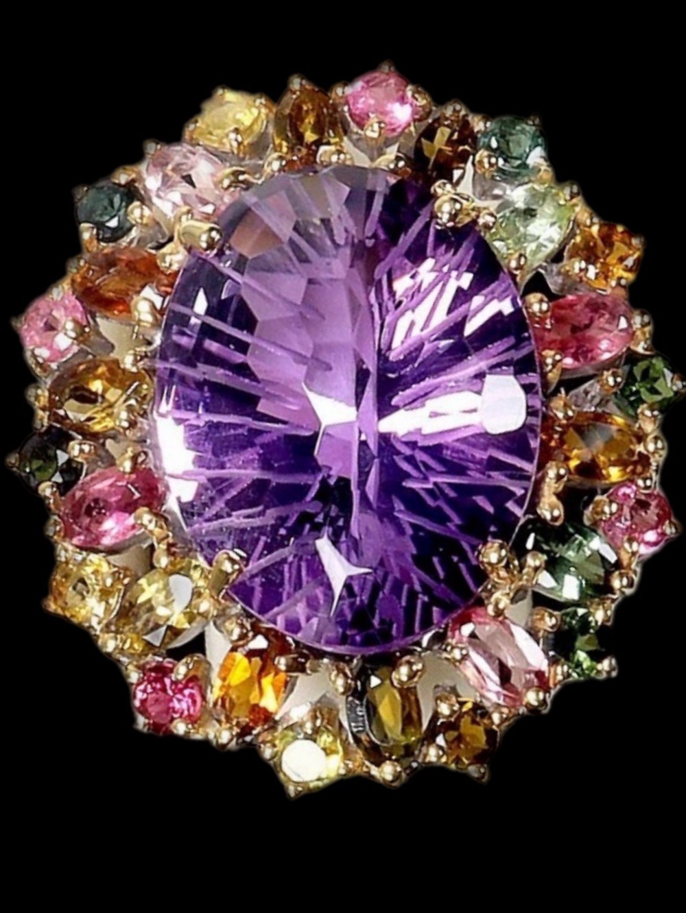 Breathtaking 30 CT Fancy Cut Genuine Amethyst & Tourmaline Ring fJose to look